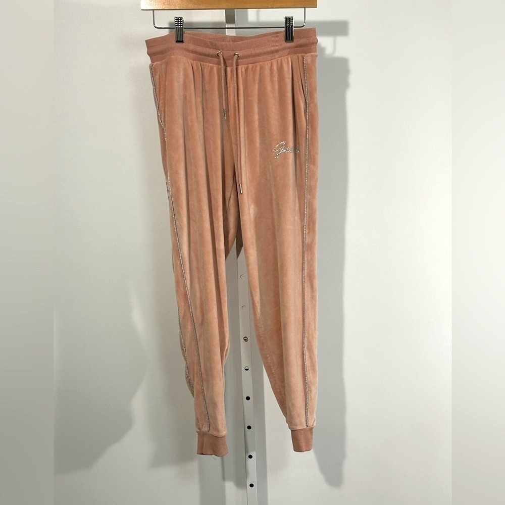Guess Rhinestone Logo Velour Track Pants Pink Y2K Glam Sweatpants